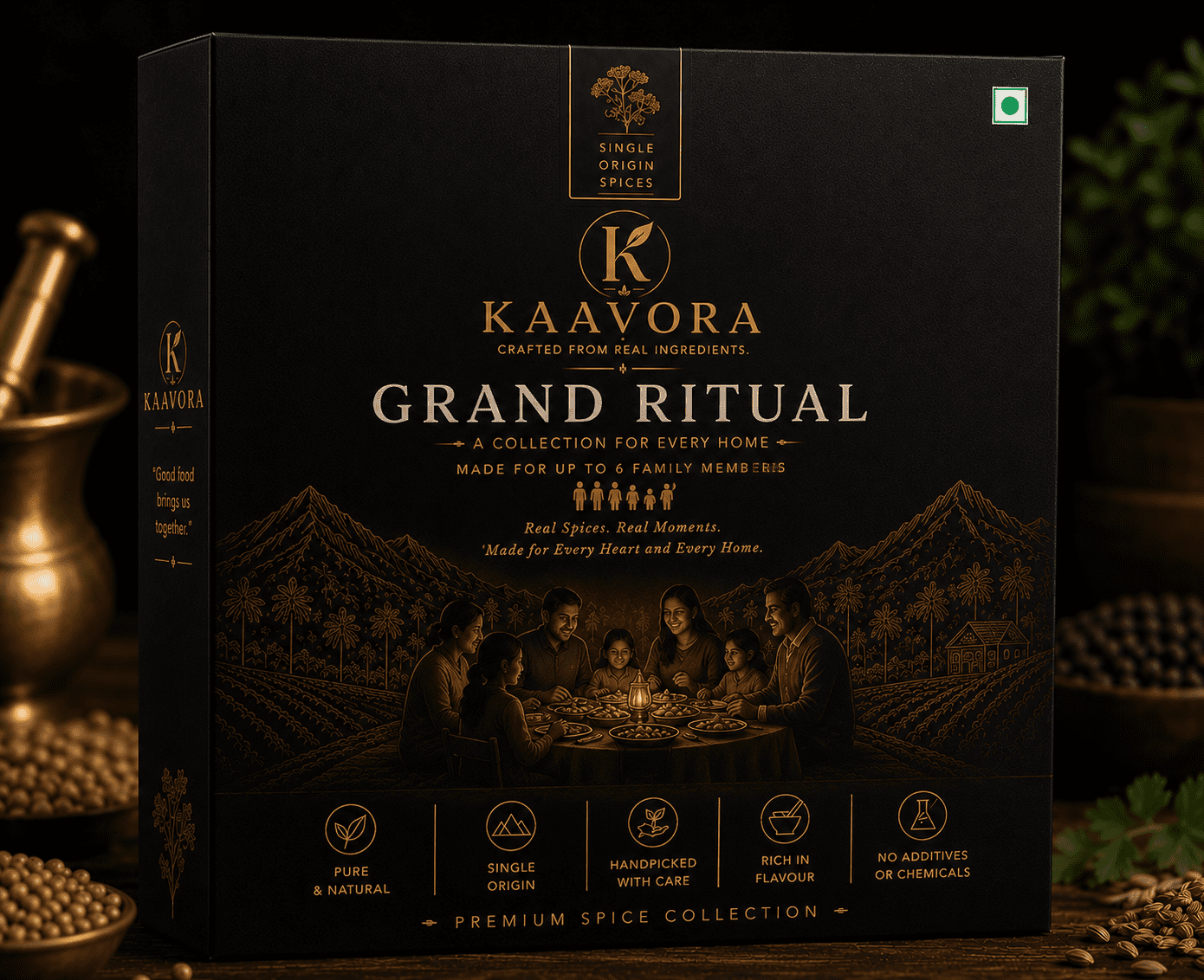 KAAVORA Grand Ritual collection featuring premium Indian spices and kitchen essentials for families of up to 6 members.