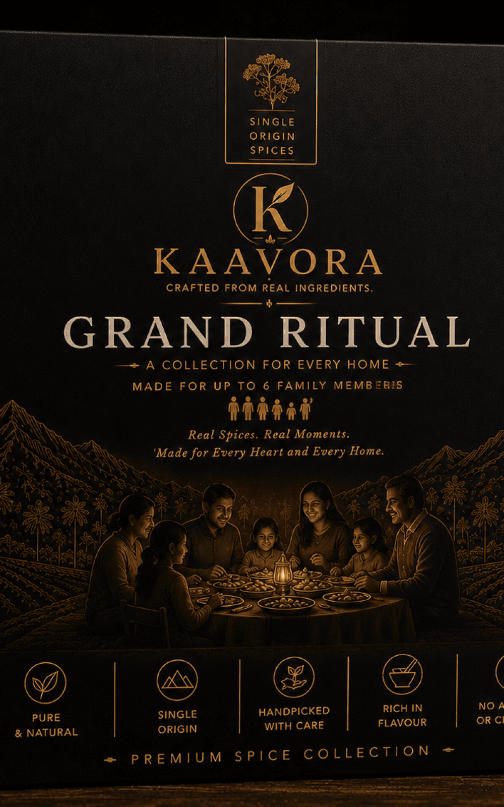 KAAVORA Grand Ritual collection featuring premium Indian spices and kitchen essentials for families of up to 6 members.